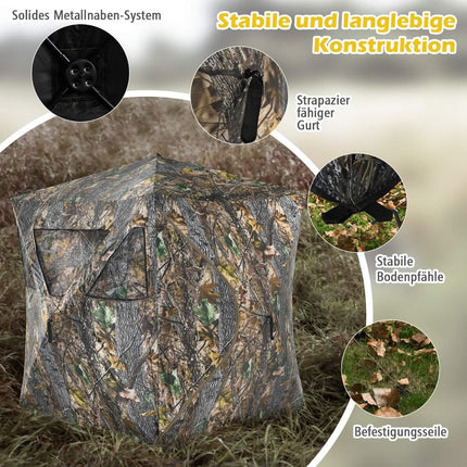 Portable hunting tent with ground spikes & lashing straps & carry bag for 3 people camouflage