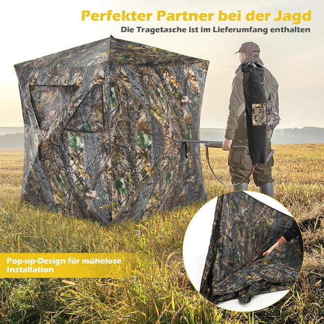 Portable hunting tent with ground spikes & lashing straps & carry bag for 3 people camouflage
