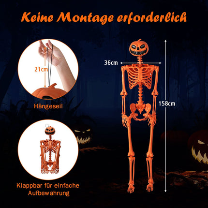 Posable 1.6m Halloween Skeleton with Pumpkin Head