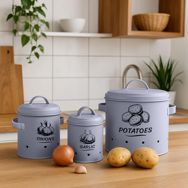 Potato, Onion, Garlic Storage Boxes – Set of 3