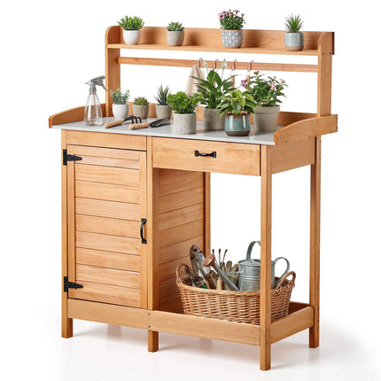 Potting Bench Table, 112 x 46.5 cm, Drawer Cabinet Hooks