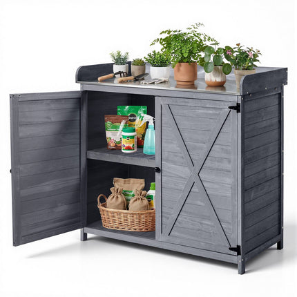 Potting Bench with Cabinet, Galvanized Top, Gray