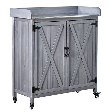 Potting Bench with Wood Cabinet, Galvanized Top, Casters