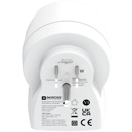 Power Adapter EU to US, USB-A/USB-C, 20W PD Grounded