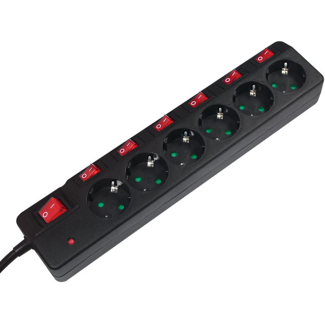 Power outlet with separate switches 6-way Black