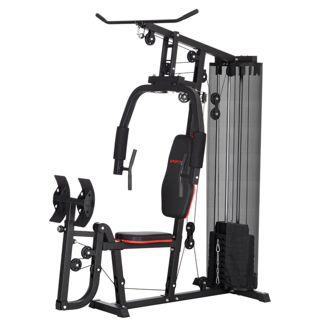 Multifunctional fitness station with leg press and 45 kg weights