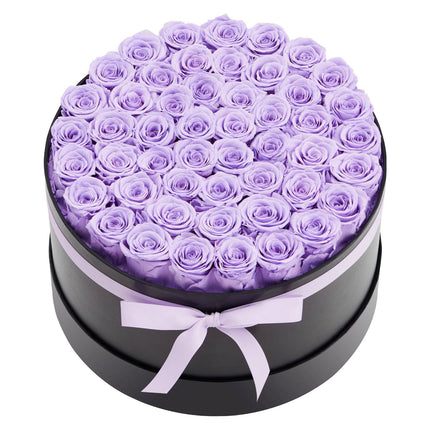 Preserved Roses, 50 in Round Box, Lavender Purple