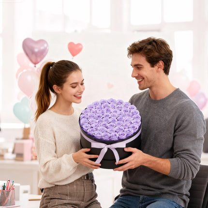 Preserved Roses, 50 in Round Box, Lavender Purple