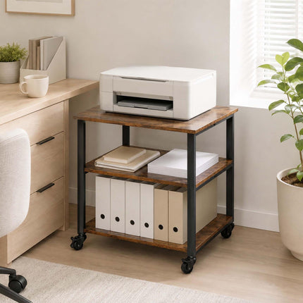 Printer Stand with Castors, Black, 3-Tier, Engineered Wood