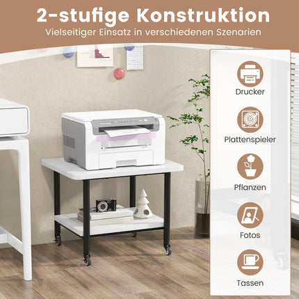 Printer table with 2 levels and lockable wheels, printer stand, printer trolley, white