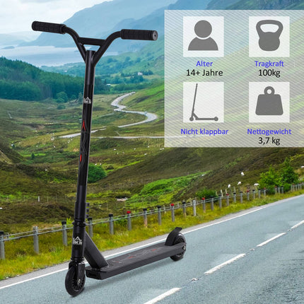 Freestyle stunt scooter with 100 mm PU wheels, black