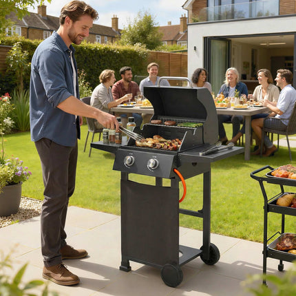 Propane Gas Grill with 2 Burners, Folding Shelves, Black