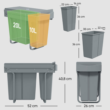 Pull-Out Kitchen Trash Bin, 2 Removable Buckets, 30L, Metal