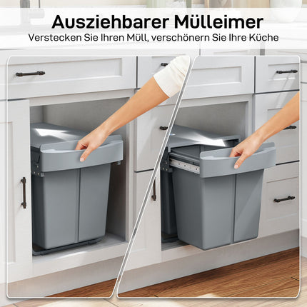 Pull-Out Trash Bin, 2x20L, Removable Bins, Gray