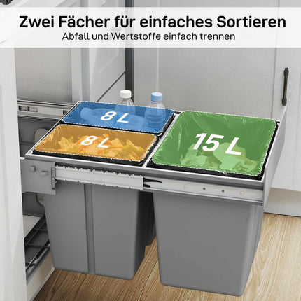 Pull-Out Trash Bin, 3 Compartments, 15L + 8L x 2, Soft-Close