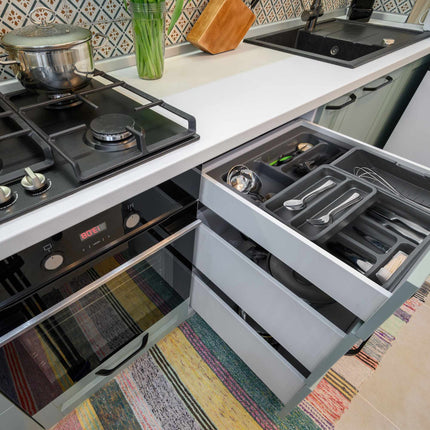 Pull-out cutlery tray in dark grey