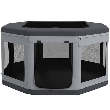 Octagonal puppy cage, portable with mesh window, gray