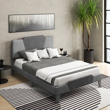 Queen Platform Bed Frame, Velvet Upholstered Headboard, 140x200 cm, Grey