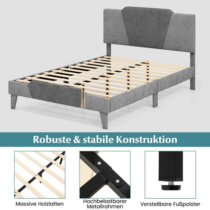 Queen Platform Bed Frame, Velvet Upholstered Headboard, 140x200 cm, Grey