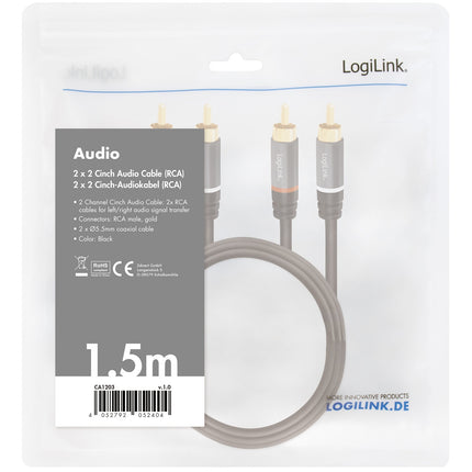 RCA Audio Cable, 2x RCA Male to 2x RCA Male, 1.5m, Gold-Plated
