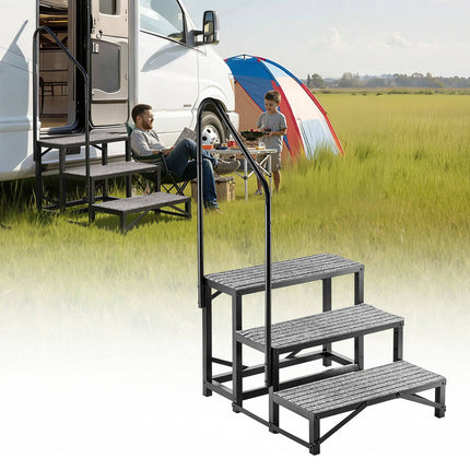 RV Steps With Handrail, 3-Step Steel, 660 lb Non-Slip