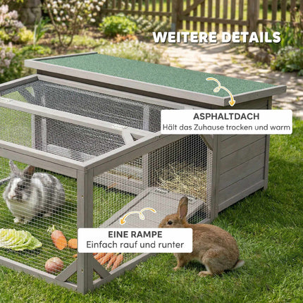 Rabbit Hutch with Bitumen Roof, Run, Doors, 125.5x100x49 cm