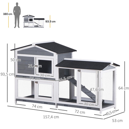 Rabbit Hutch with Run, 2 Levels, Wood, 157x53x93 cm