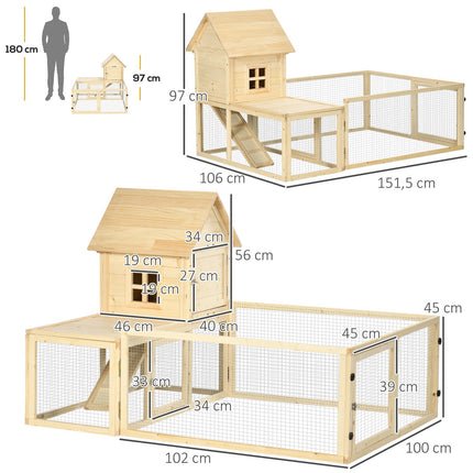 Outdoor wooden rabbit hutch with ramp - 151.5x106x97cm