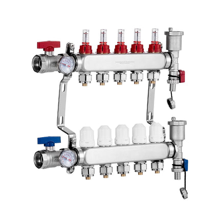 Radiant Heat PEX Manifold, 5-Loop, Stainless Steel, 1/2 in Adapters