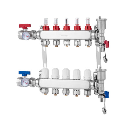 Radiant Heat PEX Manifold, 5-Loop, Stainless Steel, 1/2 in Adapters