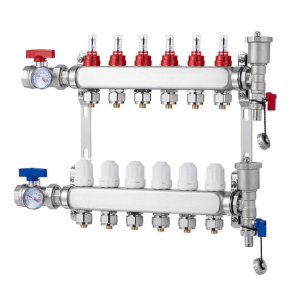 Radiant Heat PEX Manifold, 6-Branch, 1/2 in Adapters