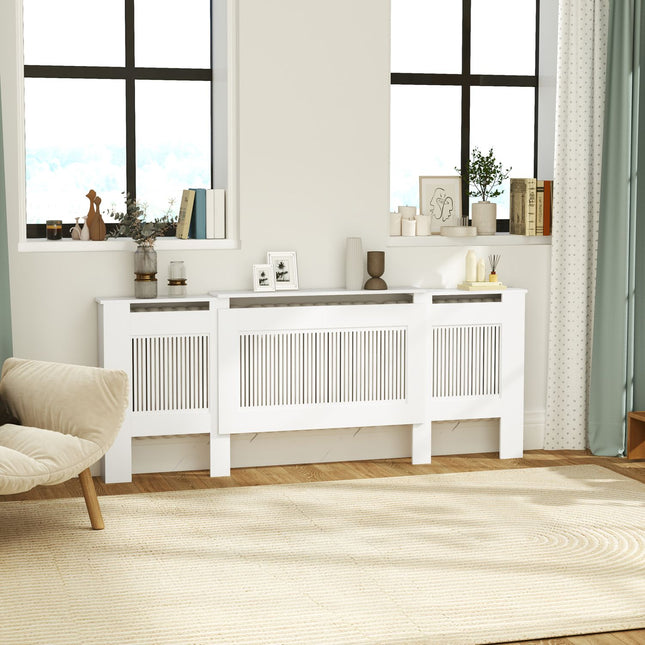 Extendable white radiator cover with shelf, slot design