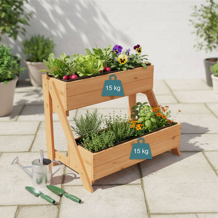 Raised Bed, 2-Tier Fir Wood Balcony Planter With Liners
