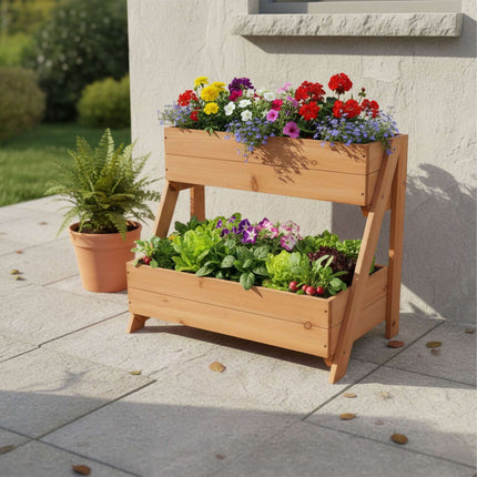 Raised Bed, 2-Tier Fir Wood Balcony Planter With Liners