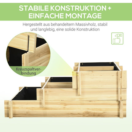 Wooden 3-tier raised bed with liner for balcony garden