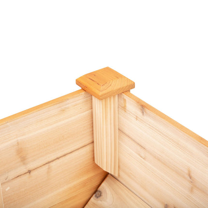 Raised wooden bed for herbs and flowers, with drainage and hooks