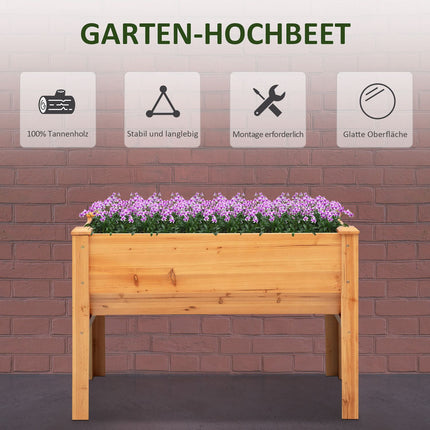 Raised wooden bed for herbs and flowers, with drainage and hooks
