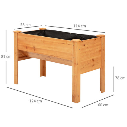 Raised wooden bed for herbs and flowers, with drainage and hooks