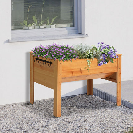 Raised wooden bed for herbs and flowers, with drainage and hooks