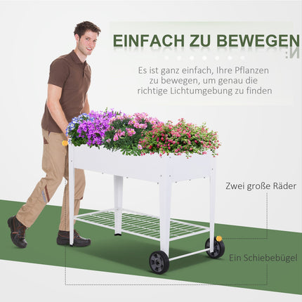Mobile white metal raised plant bed with storage, 2 wheels