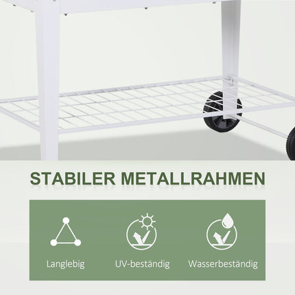 Mobile white metal raised plant bed with storage, 2 wheels