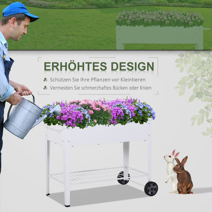Mobile white metal raised plant bed with storage, 2 wheels