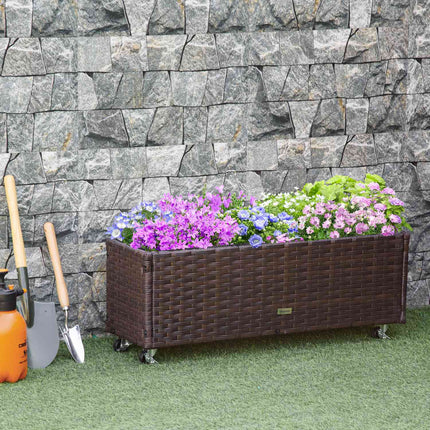 Raised garden bed with wheels, coffee brown rattan - 95x31 cm