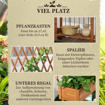Raised garden bed with trellis and wheels, solid wood