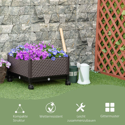 Mobile raised plant bed with wheels, drainage, brown