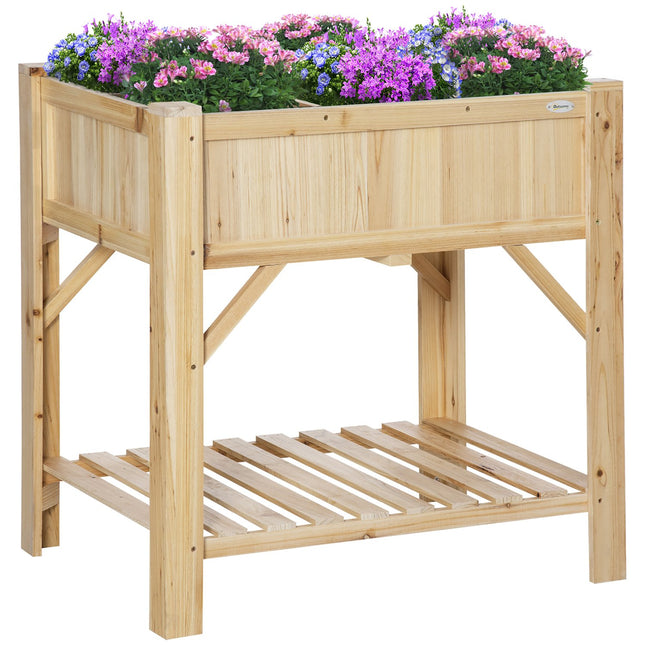 Wooden raised bed with 6 plant areas & fabric, natural