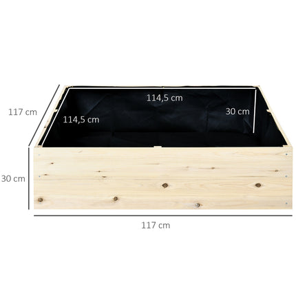 Raised garden bed in wood, 117x117x30cm, with liner