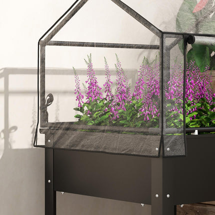 Metal garden bed with cover and drainage, black