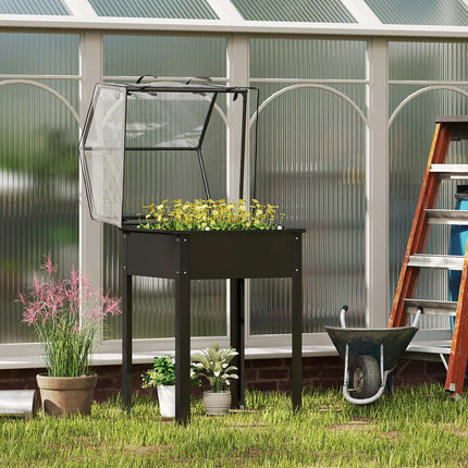 Metal garden bed with cover and drainage, black