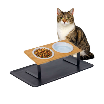 Raised Cat Bowl Set – Bamboo Stand, Ceramic Bowls, Mat